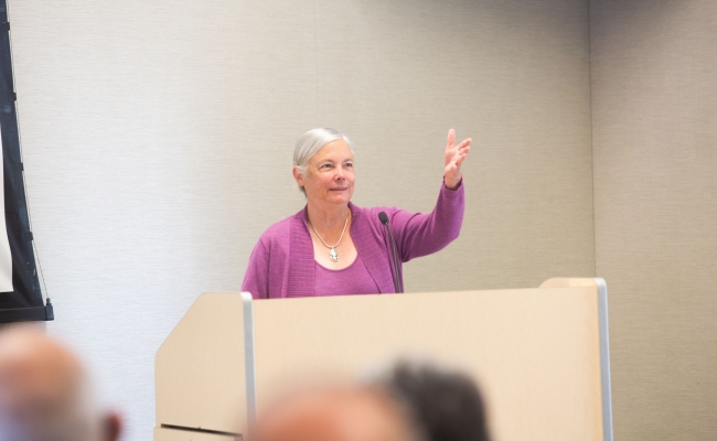 Senator Fran Pavley speaks to a packed room at the Central Coast Sustainability Summit.