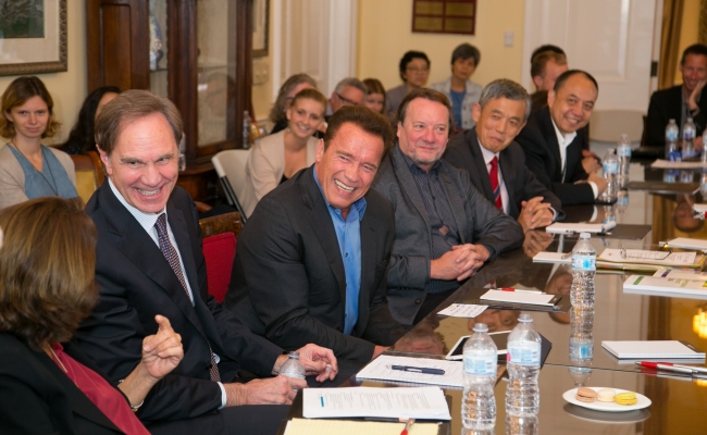 Dean Jack Knott and Governor Arnold Schwarzenegger, Dean Xue Lan and Dean Helmut Anheier