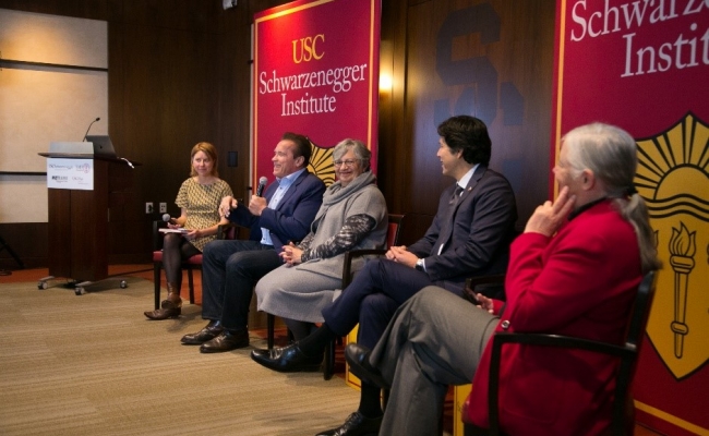Moderator Emily Wimberger discusses environmental policies with former California Governor Arnold Schwarzenegger, CARB Chair Mary Nichols, and former Senators Kevin de León and Fran Pavley.
